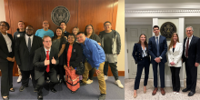 Picture 1 (L): Taylor Gibbs, Donny Stewart, AJ Fitzgerald, and nine members of the defendant's family who attended the oral argument standing in front of the courtroom. Picture 2 (R): Jenna White, Spencer Osborne, Alexis Parker, and Professor John Korzen standing outside of the courtroom.